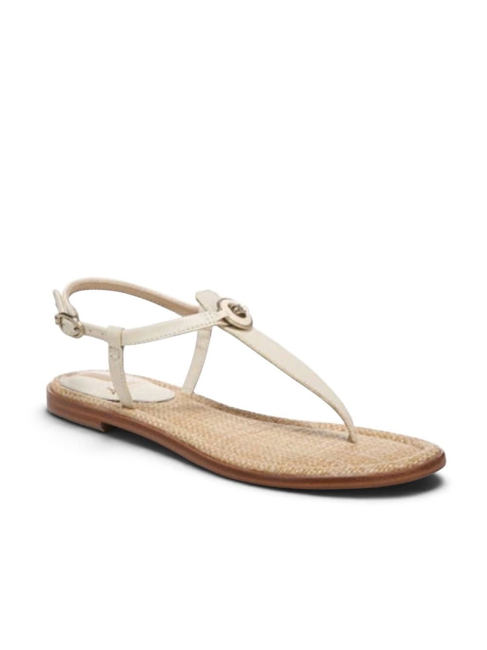 Sam Edelman “Gigi Signet” Leather T-Strap Sandal in Ivory Raffia Linen 7 NEW